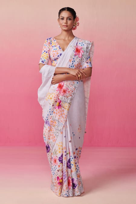 Dressfolk Linen Mystic Bloom Handwoven Saree 