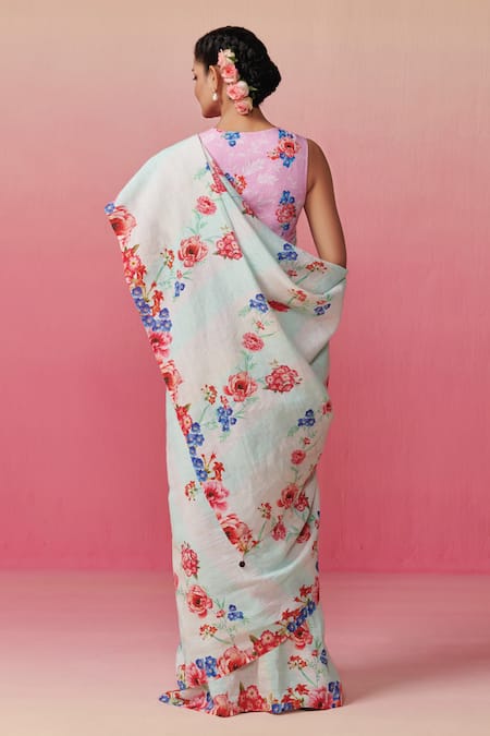 Shop Dressfolk Multi Color Linen Beads Multicolor Floral Printed Saree With Running Blouse at Aza Fashions Shop_Dressfolk_Multi Color Linen Beads Multicolor Floral Printed Saree With Running Blouse _at_Aza_Fashions