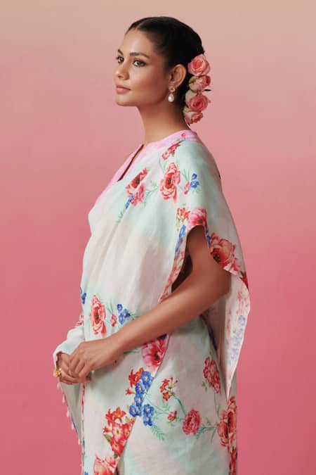 Dressfolk Multi Color Linen Beads Multicolor Floral Printed Saree With Running Blouse Online at Aza Fashions Dressfolk_Multi Color Linen Beads Multicolor Floral Printed Saree With Running Blouse _Online_at_Aza_Fashions