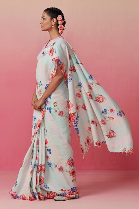 Buy Dressfolk Multi Color Linen Beads Multicolor Floral Printed Saree With Running Blouse Online at Aza Fashions Buy_Dressfolk_Multi Color Linen Beads Multicolor Floral Printed Saree With Running Blouse _Online_at_Aza_Fashions