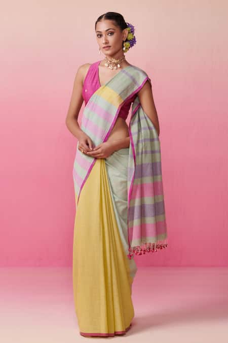 Dressfolk Multi Color Cotton Handwoven Stripe Rasna Rush Saree 