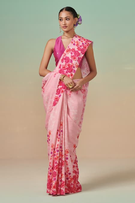 Dressfolk Pink Linen Beads Floral Handwoven Saree With Running Blouse 