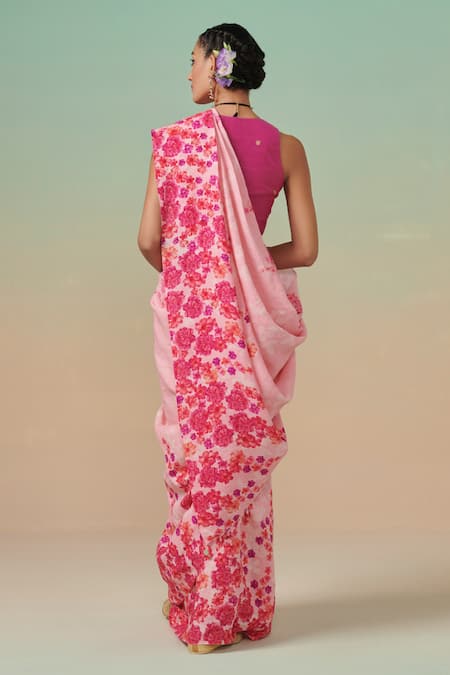 Shop Dressfolk Pink Linen Beads Floral Handwoven Saree With Running Blouse at Aza Fashions Shop_Dressfolk_Pink Linen Beads Floral Handwoven Saree With Running Blouse _at_Aza_Fashions