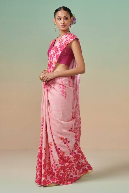 Shop Dressfolk Pink Linen Beads Floral Handwoven Saree With Running Blouse Online at Aza Fashions Shop_Dressfolk_Pink Linen Beads Floral Handwoven Saree With Running Blouse _Online_at_Aza_Fashions