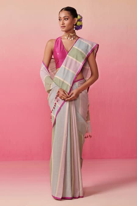 Dressfolk Multi Color Cotton Handwoven Stripe Soda Pop Saree 