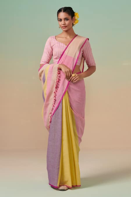 Pink mul cotton plain saree