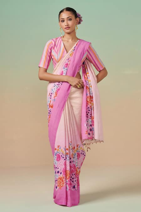 Dressfolk Multi Color Linen Digital Printed Floral Wildflower Saree 