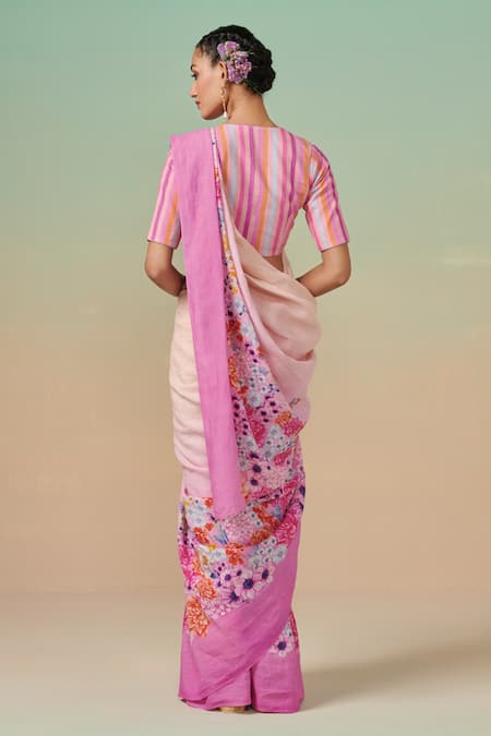 Shop Dressfolk Multi Color Linen Multicolor Floral Digital Print Saree With Running Blouse at Aza Fashions Shop_Dressfolk_Multi Color Linen Multicolor Floral Digital Print Saree With Running Blouse _at_Aza_Fashions
