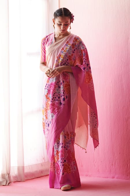 Shop Dressfolk Multi Color Linen Multicolor Floral Digital Print Saree With Running Blouse Online at Aza Fashions Shop_Dressfolk_Multi Color Linen Multicolor Floral Digital Print Saree With Running Blouse _Online_at_Aza_Fashions