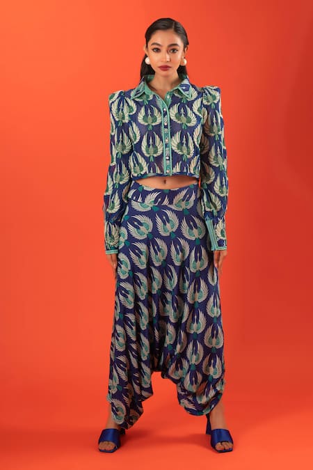 Pds By Sneha_Blue Crepe Hand Embroidery Flying Birds Shirt With Drop Crotch Pant  _Online_at_Aza_Fashions