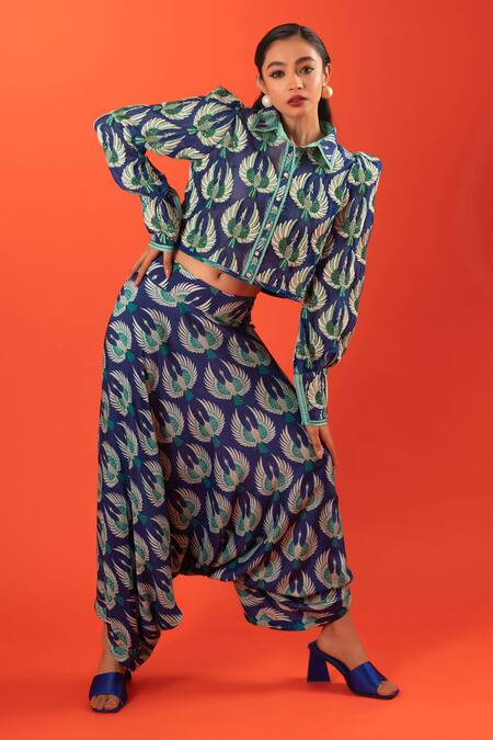 Buy_Pds By Sneha_Blue Crepe Hand Embroidery Flying Birds Shirt With Drop Crotch Pant  _Online_at_Aza_Fashions