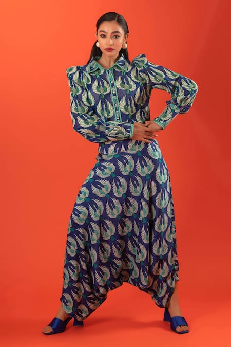 Shop_Pds By Sneha_Blue Crepe Hand Embroidery Flying Birds Shirt With Drop Crotch Pant  _Online_at_Aza_Fashions