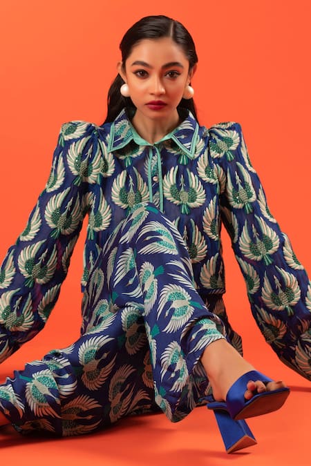 Pds By Sneha_Blue Crepe Hand Embroidery Flying Birds Shirt With Drop Crotch Pant  _at_Aza_Fashions