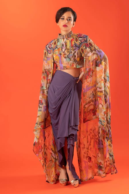 PDS by SNEHA Abstract Print Cape Top With Skirt 