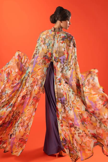 Pds By Sneha Abstract Print Cape Top With Skirt 