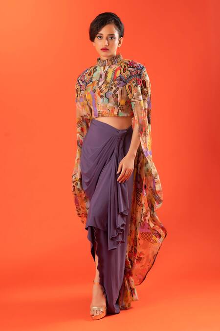 Pds By Sneha Multi Color Lycra Print Abstract High Neck Cape Top With Skirt Online at Aza Fashions Pds By Sneha_Multi Color Lycra Print Abstract High Neck Cape Top With Skirt _Online_at_Aza_Fashions