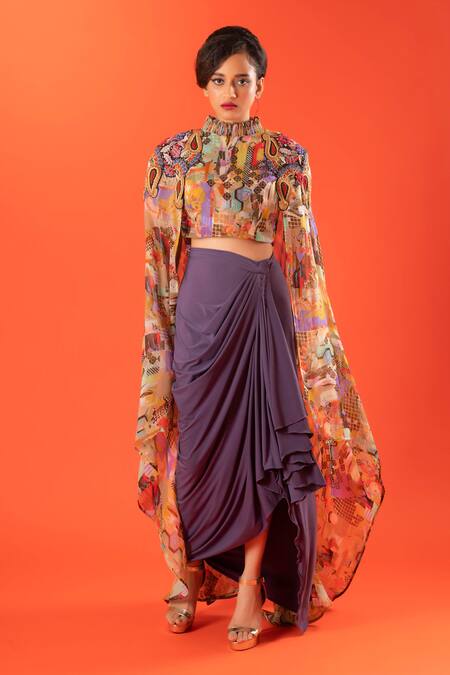 Buy Pds By Sneha Multi Color Lycra Print Abstract High Neck Cape Top With Skirt Online at Aza Fashions Buy_Pds By Sneha_Multi Color Lycra Print Abstract High Neck Cape Top With Skirt _Online_at_Aza_Fashions