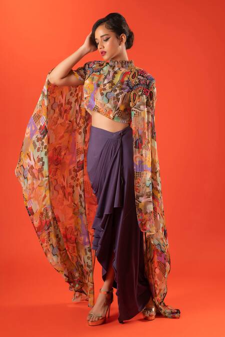 Shop Pds By Sneha Multi Color Lycra Print Abstract High Neck Cape Top With Skirt Online at Aza Fashions Shop_Pds By Sneha_Multi Color Lycra Print Abstract High Neck Cape Top With Skirt _Online_at_Aza_Fashions