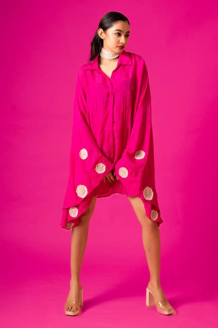 Pds By Sneha_Pink Silk Embroidery Collared Pure Batwing Sleeve Shirt _Online_at_Aza_Fashions