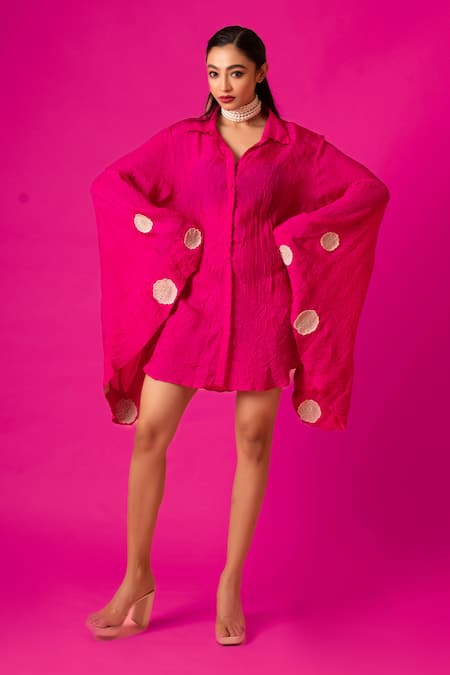 Buy_Pds By Sneha_Pink Silk Embroidery Collared Pure Batwing Sleeve Shirt _Online_at_Aza_Fashions