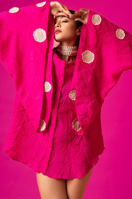 Pds By Sneha_Pink Silk Embroidery Collared Pure Batwing Sleeve Shirt _at_Aza_Fashions