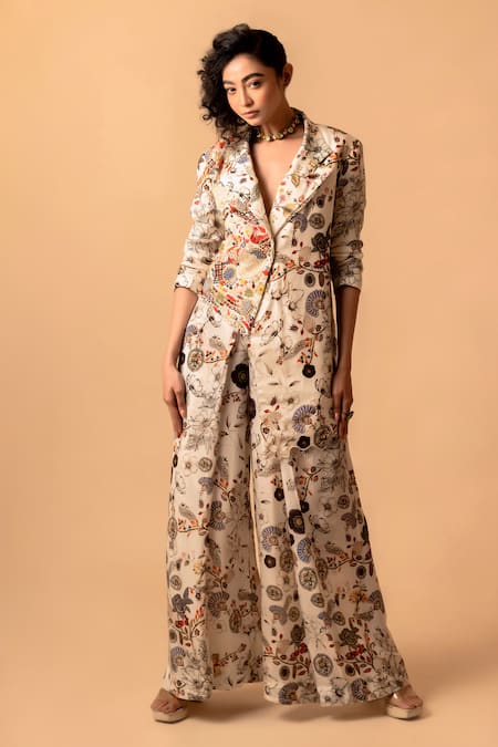 Pds By Sneha_Ivory Organza Print Floral Lapel Collar Asymmetric Jacket With Pant  _Online_at_Aza_Fashions