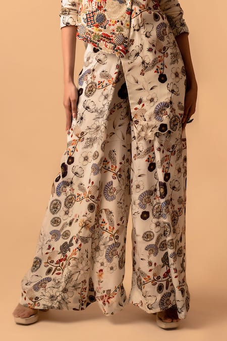 Buy_Pds By Sneha_Ivory Organza Print Floral Lapel Collar Asymmetric Jacket With Pant  _Online_at_Aza_Fashions