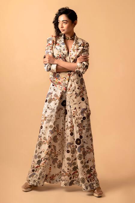 Shop_Pds By Sneha_Ivory Organza Print Floral Lapel Collar Asymmetric Jacket With Pant  _Online_at_Aza_Fashions
