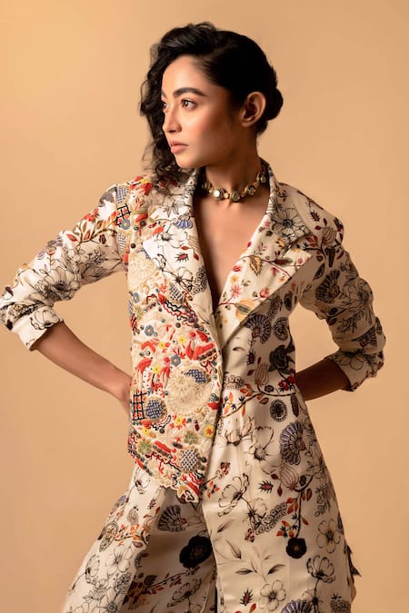 Pds By Sneha_Ivory Organza Print Floral Lapel Collar Asymmetric Jacket With Pant  _at_Aza_Fashions