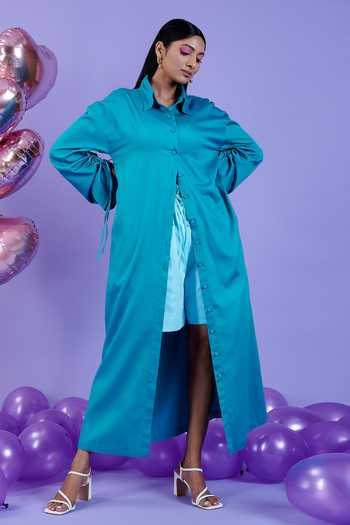 Buy Kokokos Green Cotton Satin Long Shirt Shorts Set at Aza Fashions Buy_Kokokos_Green Cotton Satin Long Shirt Shorts Set_at_Aza_Fashions