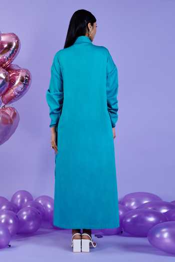 Shop Kokokos Green Cotton Satin Long Shirt Shorts Set at Aza Fashions Shop_Kokokos_Green Cotton Satin Long Shirt Shorts Set_at_Aza_Fashions
