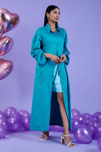 Buy Kokokos Green Cotton Satin Long Shirt Shorts Set Online at Aza Fashions Buy_Kokokos_Green Cotton Satin Long Shirt Shorts Set_Online_at_Aza_Fashions