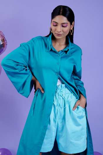 Shop Kokokos Green Cotton Satin Long Shirt Shorts Set Online at Aza Fashions Shop_Kokokos_Green Cotton Satin Long Shirt Shorts Set_Online_at_Aza_Fashions