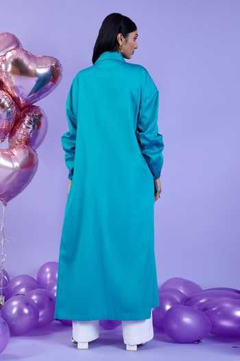 Shop Kokokos Green Cotton Satin Long Shirt Flared Pant Set at Aza Fashions Shop_Kokokos_Green Cotton Satin Long Shirt Flared Pant Set_at_Aza_Fashions