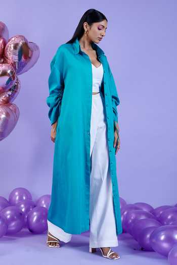 Kokokos Green Cotton Satin Long Shirt Flared Pant Set Online at Aza Fashions Kokokos_Green Cotton Satin Long Shirt Flared Pant Set_Online_at_Aza_Fashions