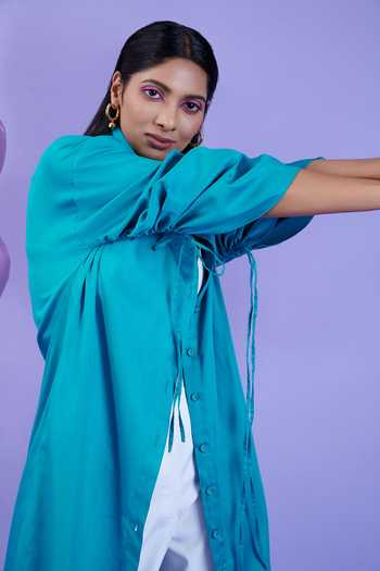 Buy Kokokos Green Cotton Satin Long Shirt Flared Pant Set Online at Aza Fashions Buy_Kokokos_Green Cotton Satin Long Shirt Flared Pant Set_Online_at_Aza_Fashions
