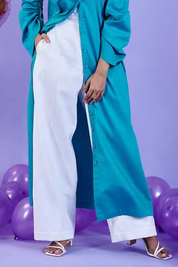 Shop Kokokos Green Cotton Satin Long Shirt Flared Pant Set Online at Aza Fashions Shop_Kokokos_Green Cotton Satin Long Shirt Flared Pant Set_Online_at_Aza_Fashions