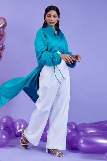 Kokokos Green Cotton Satin Long Shirt Flared Pant Set at Aza Fashions Kokokos_Green Cotton Satin Long Shirt Flared Pant Set_at_Aza_Fashions