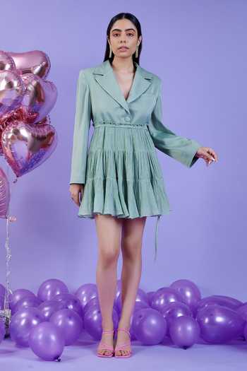 Buy Kokokos Green Banana Crepe Notched Collar Blazer Tiered Dress at Aza Fashions Buy_Kokokos_Green Banana Crepe Notched Collar Blazer Tiered Dress_at_Aza_Fashions