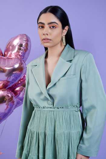 Buy Kokokos Green Banana Crepe Notched Collar Blazer Tiered Dress Online at Aza Fashions Buy_Kokokos_Green Banana Crepe Notched Collar Blazer Tiered Dress_Online_at_Aza_Fashions