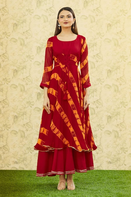 Samyukta Singhania_Red Chiffon, Cotton Round Neck Striped Maxi Dress_Online_at_Aza_Fashions