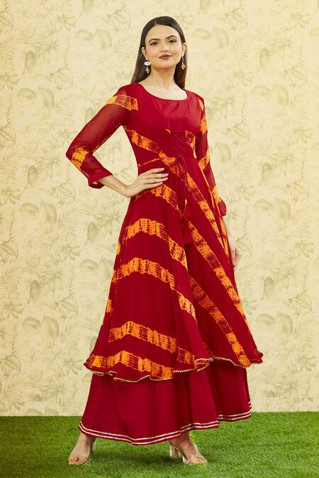 Buy_Samyukta Singhania_Red Chiffon, Cotton Round Neck Striped Maxi Dress_Online_at_Aza_Fashions