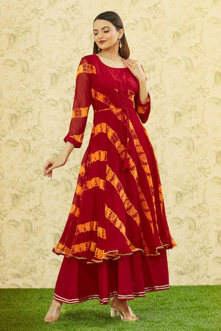 Shop_Samyukta Singhania_Red Chiffon, Cotton Round Neck Striped Maxi Dress_Online_at_Aza_Fashions