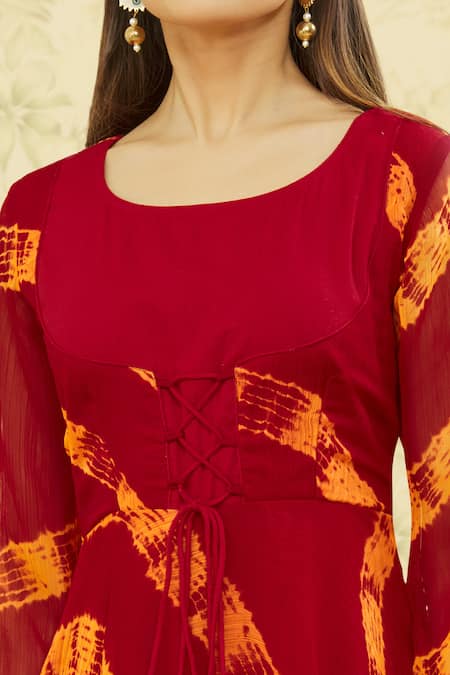 Samyukta Singhania_Red Chiffon, Cotton Round Neck Striped Maxi Dress_at_Aza_Fashions