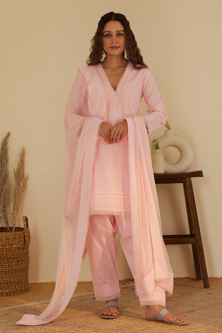 Shrutkirti Pink Pure Cotton Embroidery Floral Plunge V Neck Kurta Set 