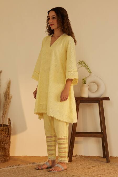 Buy_Shrutkirti_Yellow Pure Cotton Embroidery Floral V Schiffli Pattern Kurta Pant Set _Online_at_Aza_Fashions