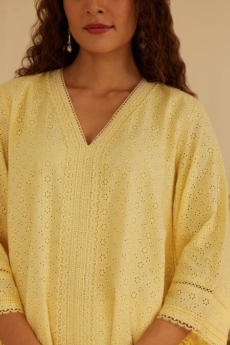 Shop_Shrutkirti_Yellow Pure Cotton Embroidery Floral V Schiffli Pattern Kurta Pant Set _Online_at_Aza_Fashions