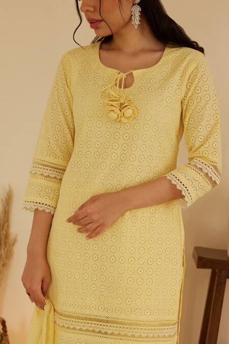 Shrutkirti_Yellow Pure Cotton Embroidery Schiffli Pattern Straight Kurta Set _Online_at_Aza_Fashions