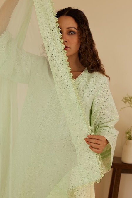 Buy Shrutkirti Green Cotton Lace, Embroidery V-neck Kurta Set Online at Aza Fashions Buy_Shrutkirti_Green Cotton Lace, Embroidery V-neck Kurta Set_Online_at_Aza_Fashions