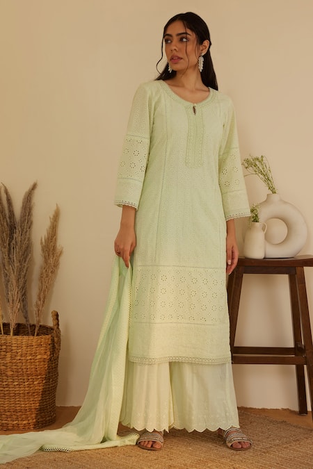 Shrutkirti Cotton Schiffli Cutwork Pattern Kurta Set 